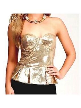 Bebe Uptown Sequin Peplum Bustier Top Gold Size Small NWT